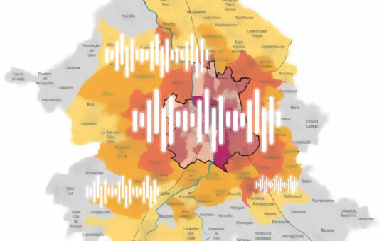 Carte du bassin toulousain avec symboles indiquant subjectivement les nuisances sonores
