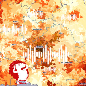 Carte du grand Sud-Ouest centré sur l'ancienne région Midi-Pyrénées avec symboles indiquant subjectivement les nuisances sonores